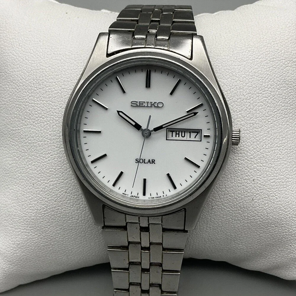 Seiko Mens Watch 37mm White Dial Solar V158-0AA0 Day Date Stainless Steel 7.5